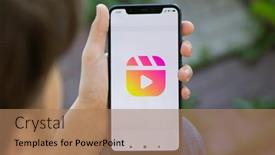  Presentation with displaying - PPT theme consisting of girl-hold-smartphone-displaying background and a coral colored foreground