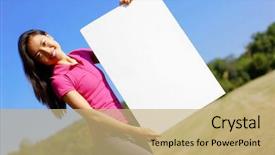  Presentation with little asian girl receiving vaccination - Beautiful theme featuring girl holding a blank poster backdrop and a coral colored foreground
