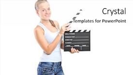  Presentation with happy young student girl holding - Slides with girl holding a movie clap background and a  colored foreground