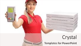  Presentation with pizza delivery - Amazing slide set having girl holding a payment terminal backdrop and a lemonade colored foreground