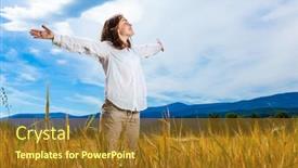  Presentation with sky blue - PPT theme with girl-holding-arms-up-against background and a gold colored foreground