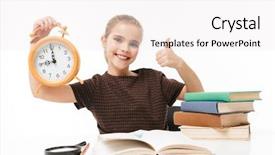  Presentation with kids reading books - Presentation design enhanced with girl holding big alarm clock background and a sky blue colored foreground