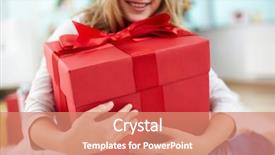  Presentation with close up baby girl knitted - PPT theme featuring girl holding big red gift background and a coral colored foreground