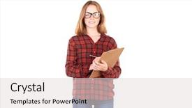  Presentation with pretty girl - Beautiful slide set featuring girl holding clipboard and pencil backdrop and a  colored foreground