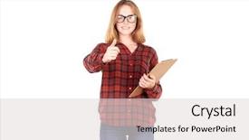  Presentation with pretty girl - Cool new slide set with girl holding clipboard and pencil backdrop and a  colored foreground