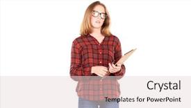  Presentation with pretty girl - Presentation with girl holding clipboard and pencil background and a  colored foreground