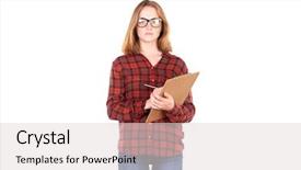  Presentation with pretty girl - Audience pleasing PPT layouts consisting of girl holding clipboard and pencil backdrop and a light gray colored foreground