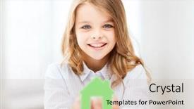  Presentation with green house - Presentation design consisting of girl holding green paper house background and a soft green colored foreground