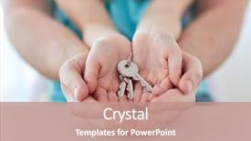  Presentation with family holding hands - Amazing PPT theme having girl holding house key backdrop and a coral colored foreground
