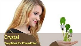  Presentation with eco - PPT theme with girl holding in hand eco energy bulbs background and a tawny brown colored foreground