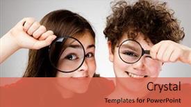  Presentation with blonde holding magnifying glass - Cool new PPT theme with girl holding magnifying glass backdrop and a coral colored foreground