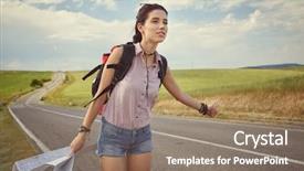  Presentation with time travel - Beautiful slides featuring girl holding map with backpack backdrop and a coral colored foreground