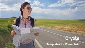  Presentation with time travel - PPT layouts featuring girl holding map with backpack background and a gray colored foreground