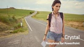  Presentation with time travel - Amazing PPT layouts having girl holding map with backpack backdrop and a coral colored foreground