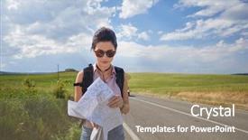  Presentation with time travel - Cool new presentation theme with girl holding map with backpack backdrop and a coral colored foreground