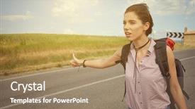  Presentation with time travel - PPT theme having girl holding map with backpack background and a coral colored foreground