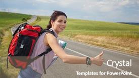  Presentation with time travel - Cool new slides with girl holding map with backpack backdrop and a gray colored foreground
