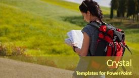  Presentation with time travel - PPT layouts having girl holding map with backpack background and a  colored foreground