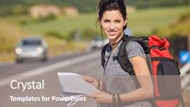  Presentation with time travel - Amazing PPT theme having girl holding map with backpack backdrop and a  colored foreground