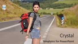  Presentation with time travel - Slide set featuring girl holding map with backpack background and a coral colored foreground