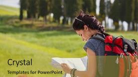  Presentation with time travel - Amazing slide set having girl holding map with backpack backdrop and a  colored foreground