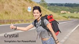  Presentation with time travel - Beautiful PPT theme featuring girl holding map with backpack backdrop and a  colored foreground