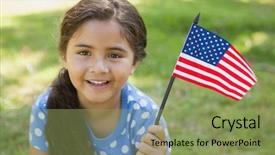  Presentation with american flag - Presentation theme featuring girl holding the american flag background and a seafoam green colored foreground