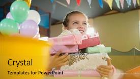  Presentation with birthday - Slides enhanced with girl holding various gift box background and a  colored foreground