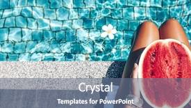  Presentation with tropical holiday - Audience pleasing PPT theme consisting of girl holding watermelon backdrop and a ocean colored foreground