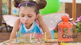  Presentation with fairy tale children child - PPT theme featuring two cute little girls holding colorful toy pinwheels on warm and sunny summer day background and a gold colored foreground