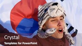  Presentation with korean flag - Audience pleasing PPT theme consisting of girl in a hat with a white tiger on the background of a south korean flag backdrop and a tawny brown colored foreground