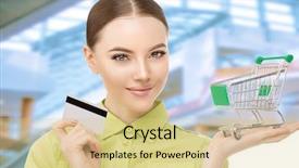  Presentation with girl model - Audience pleasing PPT theme consisting of girl in a megamole shop backdrop and a soft green colored foreground