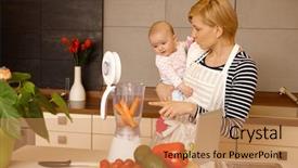  Presentation with baby girl - Slide set having girl in arms preparing food background and a coral colored foreground