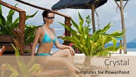  Presentation with hut - Beautiful presentation theme featuring girl in bikini under tropical hut on the beach backdrop and a coral colored foreground