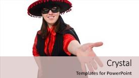  Presentation with carnival - Colorful presentation design enhanced with girl in black and red carnival suit isolated on white backdrop and a soft green colored foreground