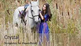  Presentation with white horse - Presentation featuring girl in blue dress holds by bridle white horse among the reeds background and a coral colored foreground