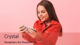  Presentation with happy image - Beautiful PPT theme featuring girl in casual playing video backdrop and a red colored foreground