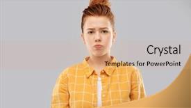  Presentation with sad girl - PPT theme featuring girl in checkered shirt pout background and a coral colored foreground