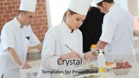  Presentation with class - Theme having girl in cooking training class background and a coral colored foreground