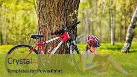  Presentation with child girl reading a book - Amazing PPT theme having girl in cycling read book backdrop and a gold colored foreground