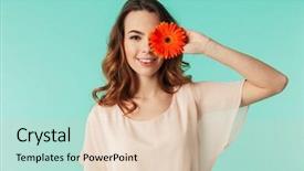  Presentation with blue flower - Colorful slide set enhanced with girl in dress holding gerbera backdrop and a lemonade colored foreground