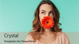 Presentation with blue flower - Audience pleasing PPT layouts consisting of girl in dress holding gerbera backdrop and a coral colored foreground