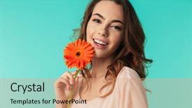  Presentation with blue flower - Slide deck enhanced with girl in dress holding gerbera background and a coral colored foreground