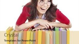  Presentation with book glasses - Beautiful PPT layouts featuring girl in glasses with pile book isolated backdrop and a yellow colored foreground