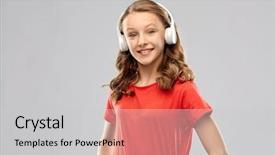  Presentation with music headphones - Slide deck with girl in headphones and red background and a light gray colored foreground