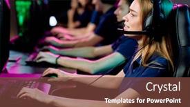  Presentation with microphone - Audience pleasing presentation theme consisting of girl-in-headset-with-microphone backdrop and a tawny brown colored foreground
