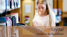  Presentation with books on bookshelf in library - Beautiful PPT theme featuring girl in library choosing book backdrop and a  colored foreground