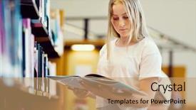  Presentation with teenage girl - Slide set featuring girl in library choosing book background and a  colored foreground
