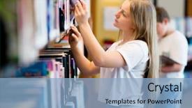  Presentation with books on bookshelf in library - Slide set with girl in library choosing book background and a  colored foreground