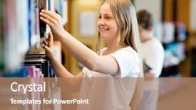  Presentation with books on bookshelf in library - Beautiful slide set featuring girl in library choosing book backdrop and a  colored foreground